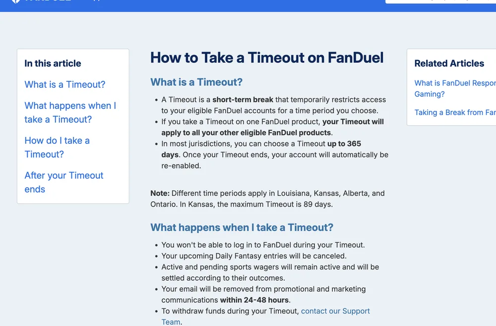 FanDuel timeout article stating that different time periods apply in Ontario