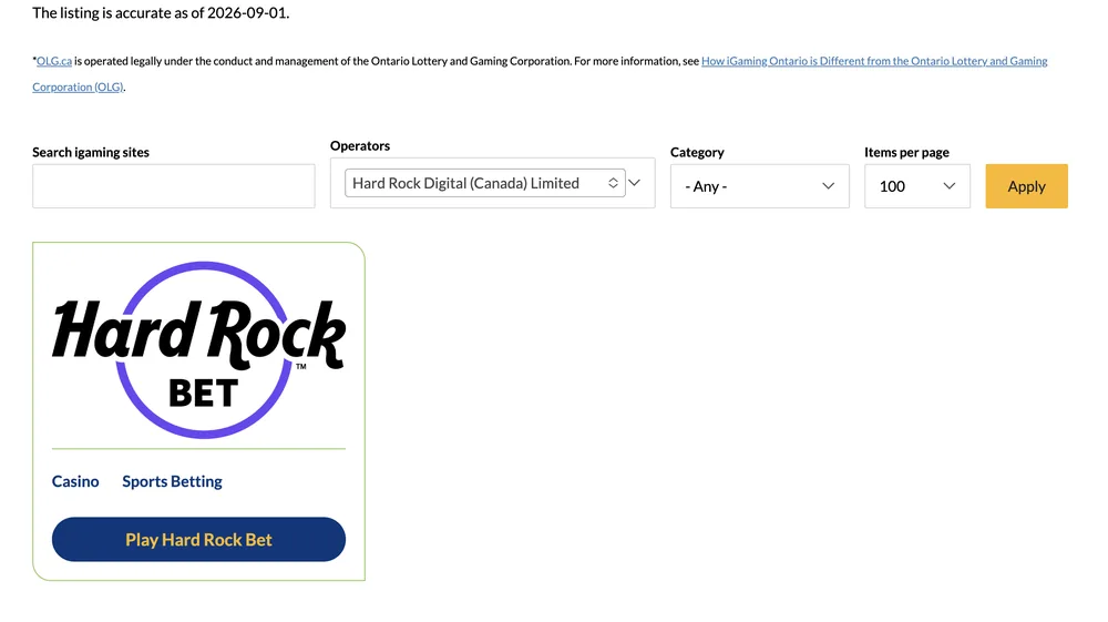 iGaming Ontario directory filtered to Hard Rock Digital (Canada) Limited, showing Hard Rock Bet under casino and sports betting