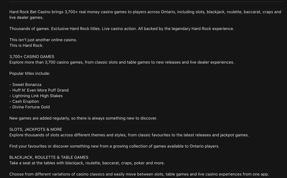 Canadian App Store text for Hard Rock Bet Casino with a 3,700+ games line and five named titles