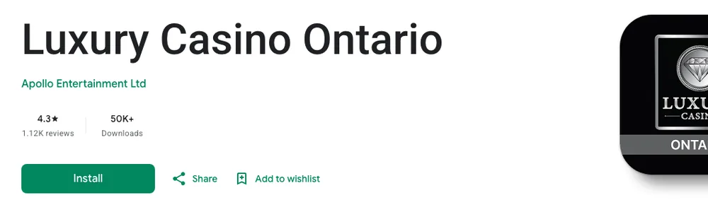Google Play listing titled Luxury Casino Ontario with developer Apollo Entertainment Ltd