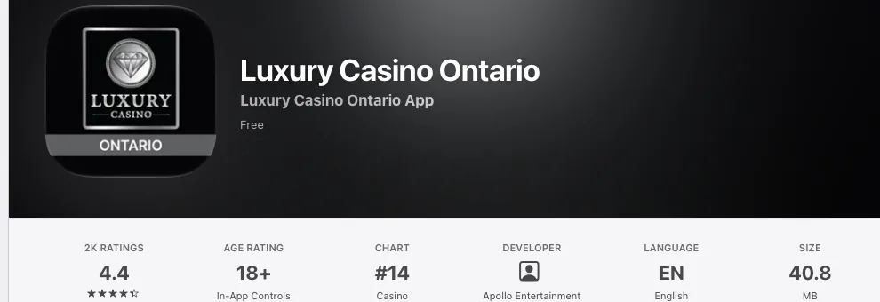 App Store listing for Luxury Casino Ontario showing developer Apollo Entertainment and an 18+ age rating