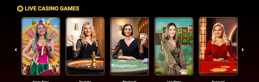 Luxury Casino live-casino row showing Crazy Time, roulette, blackjack, live slots and baccarat