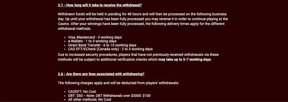 Luxury Casino FAQ showing a 48-hour pending period, delivery times and direct bank transfer fees