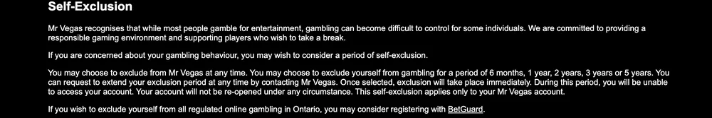 Mr Vegas self-exclusion text listing periods of six months, one year, two years, three years or five years, with a BetGuard link