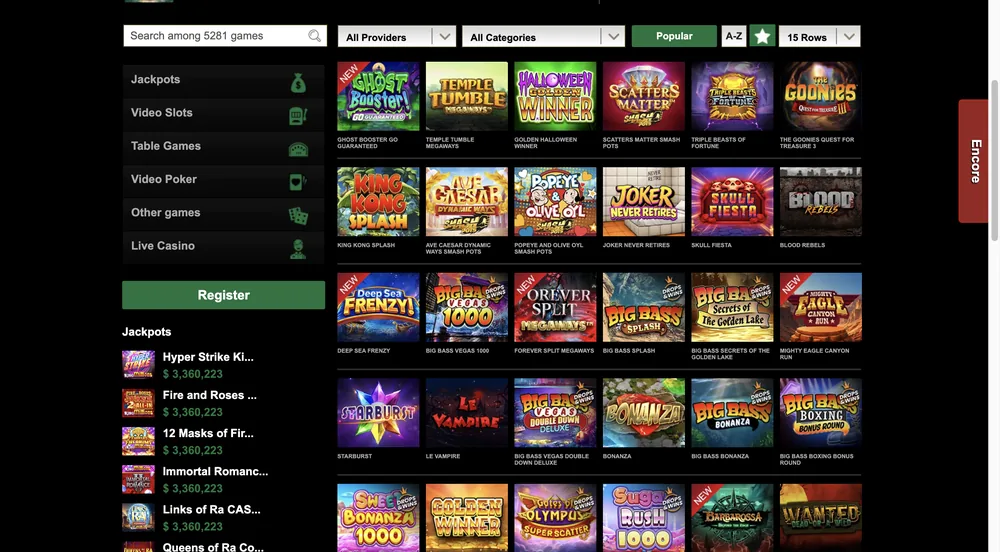 Mr Vegas Ontario lobby with a search field reading 5281 games and sidebar labels for jackpots and video slots, then table games, video poker and live casino