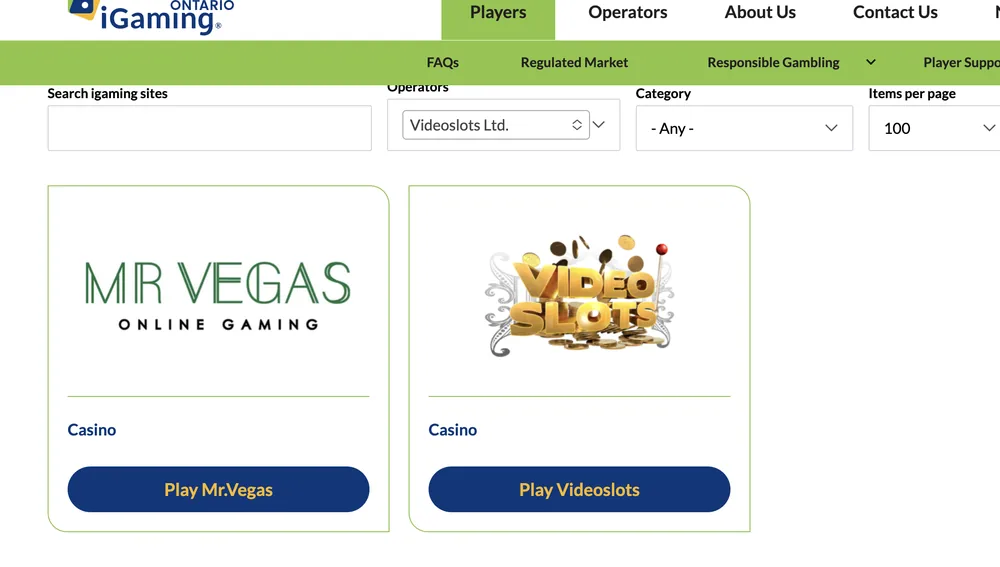iGaming Ontario directory filtered to Videoslots Ltd., showing casino cards for Mr.Vegas and Videoslots