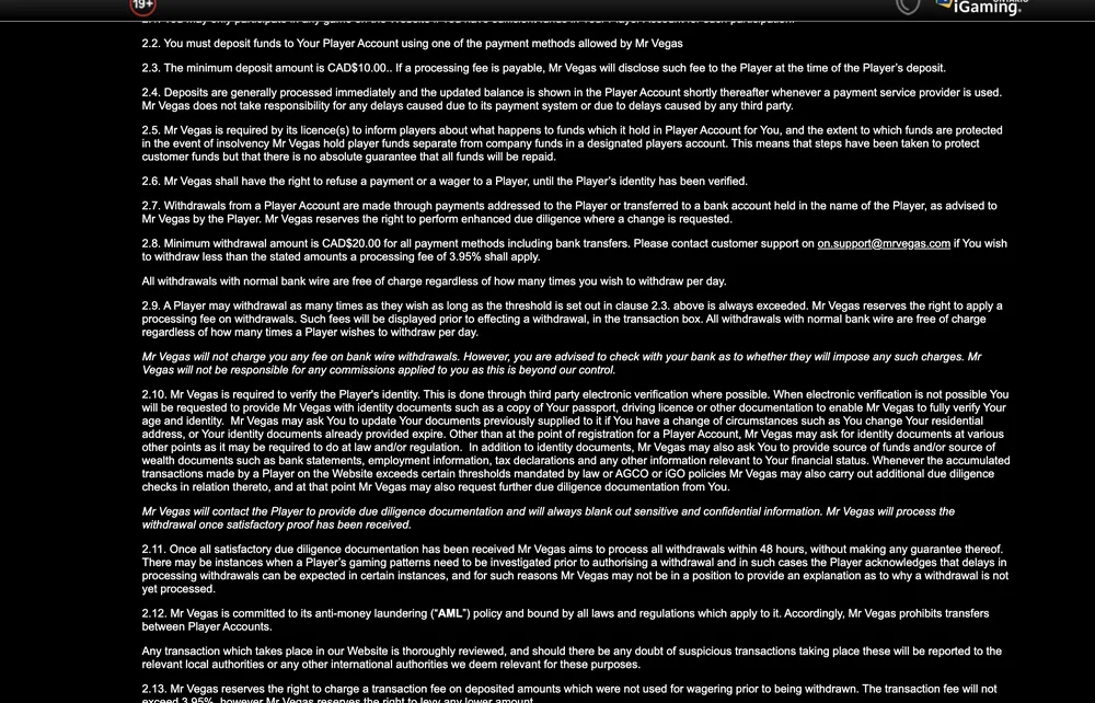 Mr Vegas Ontario terms clauses 2.3 to 2.13, showing deposits from CAD 10, withdrawals from CAD 20, and clause 2.9 on a fee shown in the transaction box