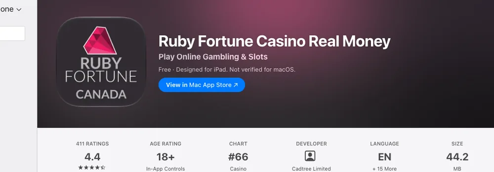 App Store page titled Ruby Fortune Casino Real Money with Cadtree Limited in the developer column