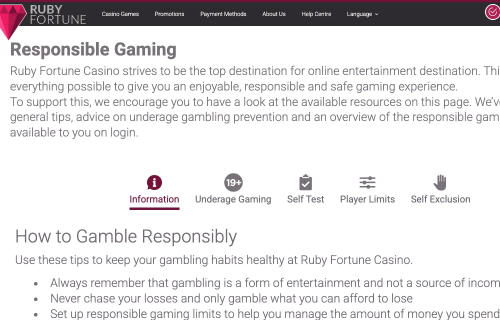 Ruby Fortune responsible gaming page showing a 19+ mark and sections for a self test, player limits and self-exclusion