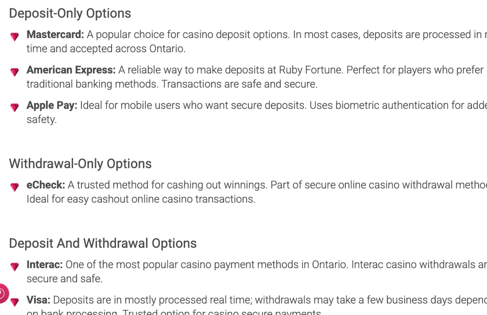 Ruby Fortune payment page with Mastercard, American Express and Apple Pay as deposit-only, eCheck as withdrawal-only, and Interac and Visa for both