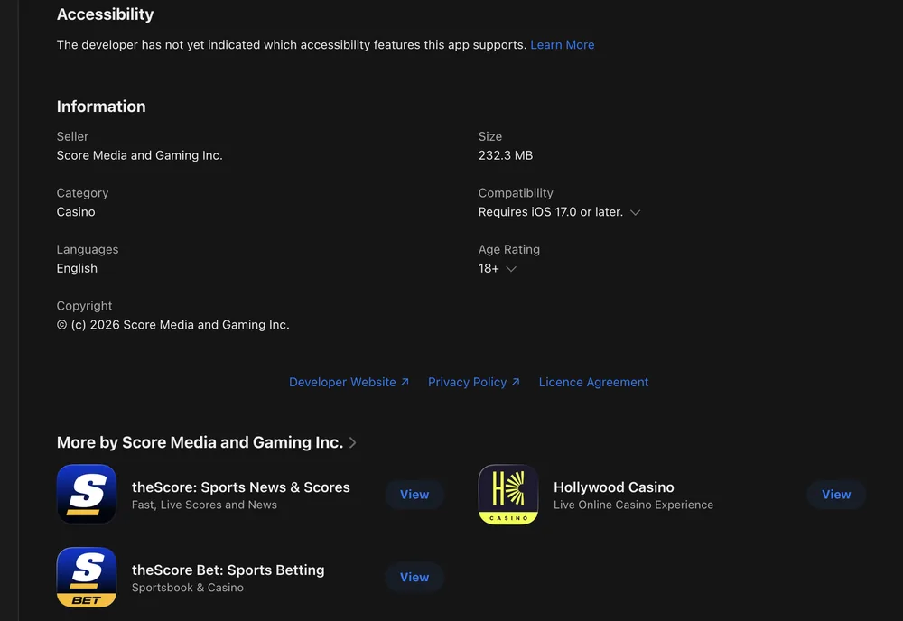 Canadian App Store information for theScore Casino showing category Casino, seller Score Media and Gaming Inc., 232.3 MB, and iOS 17.0 or later