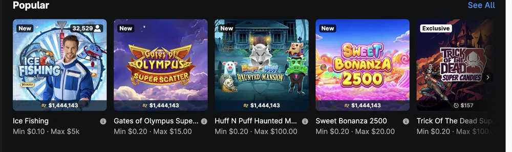theScore Casino Popular row with Ice Fishing, Gates of Olympus Super Scatter, Huff N Puff Haunted Mansion, Sweet Bonanza 2500 and Trick Of The Dead, each showing a minimum and maximum stake