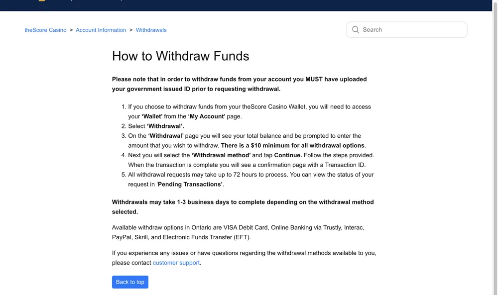 theScore Casino How to Withdraw Funds page stating a $10 minimum, up to 72 hours to process, 1 to 3 business days to complete, and Ontario options of VISA Debit, Trustly, Interac, PayPal, Skrill and EFT