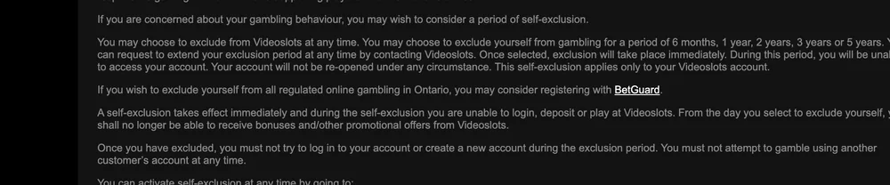 Videoslots self-exclusion choices running from six months to five years, with a BetGuard link