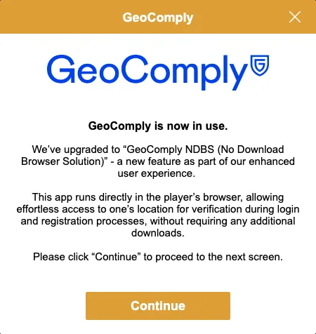 GeoComply dialog stating that GeoComply NDBS, a no-download browser solution, runs in the browser during login and registration