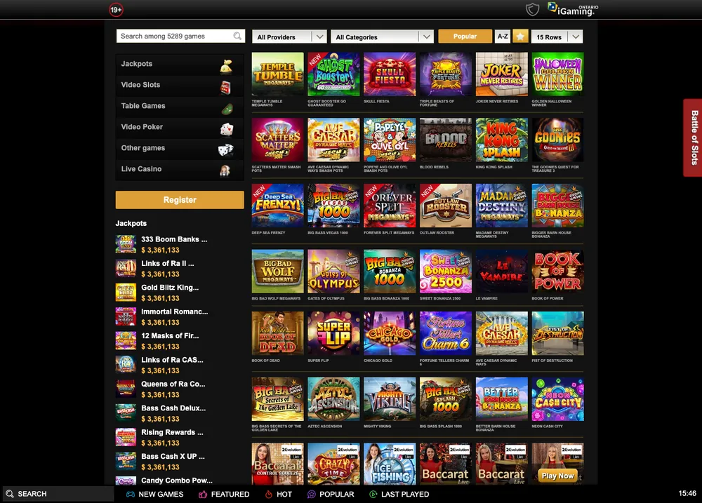 Videoslots Ontario lobby search reading 5289 games, with Jackpots and Video Slots filters, then Table Games, Video Poker and Live Casino, plus a Crazy Time tile