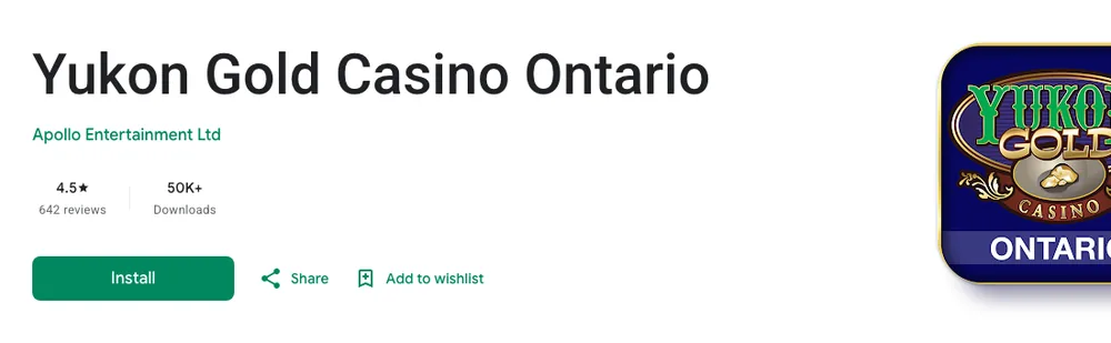 Google Play listing titled Yukon Gold Casino Ontario by Apollo Entertainment Ltd