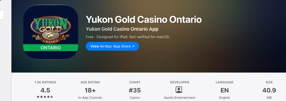 App Store page titled Yukon Gold Casino Ontario with Apollo Entertainment as the developer