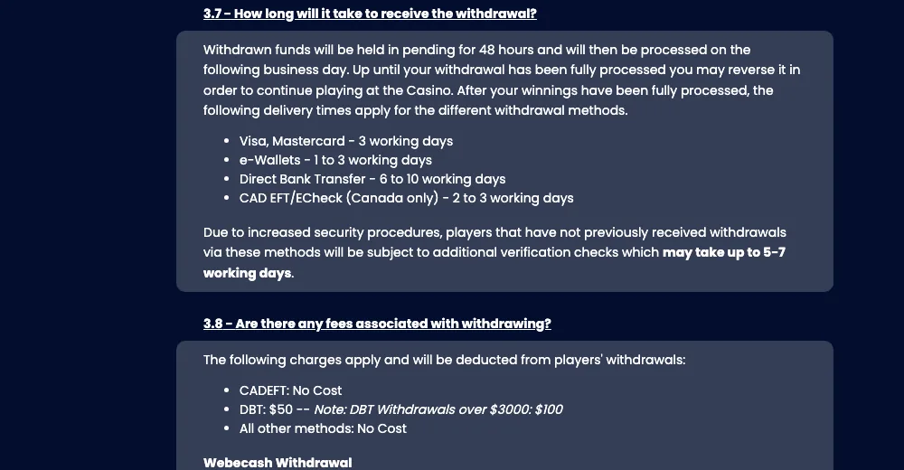 Yukon Gold FAQ open on the withdrawal timing question and the fee question below it