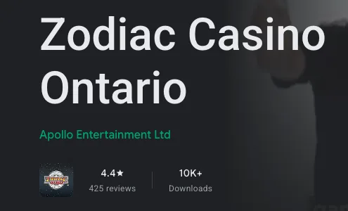 Google Play listing titled Zodiac Casino Ontario with developer Apollo Entertainment Ltd
