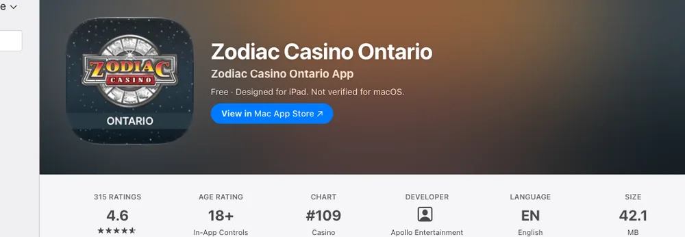 App Store page titled Zodiac Casino Ontario with Apollo Entertainment shown as developer