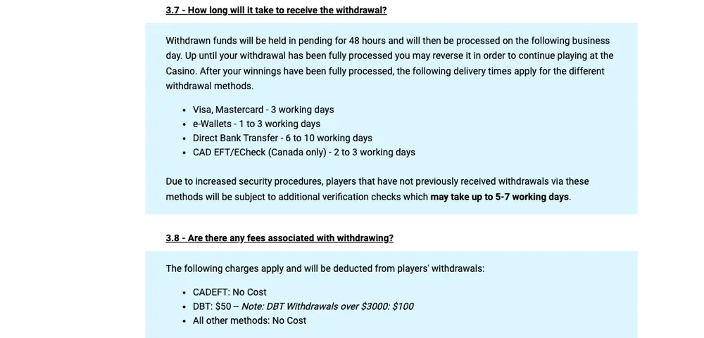 Zodiac Casino FAQ open on the withdrawal timing question and the fee question